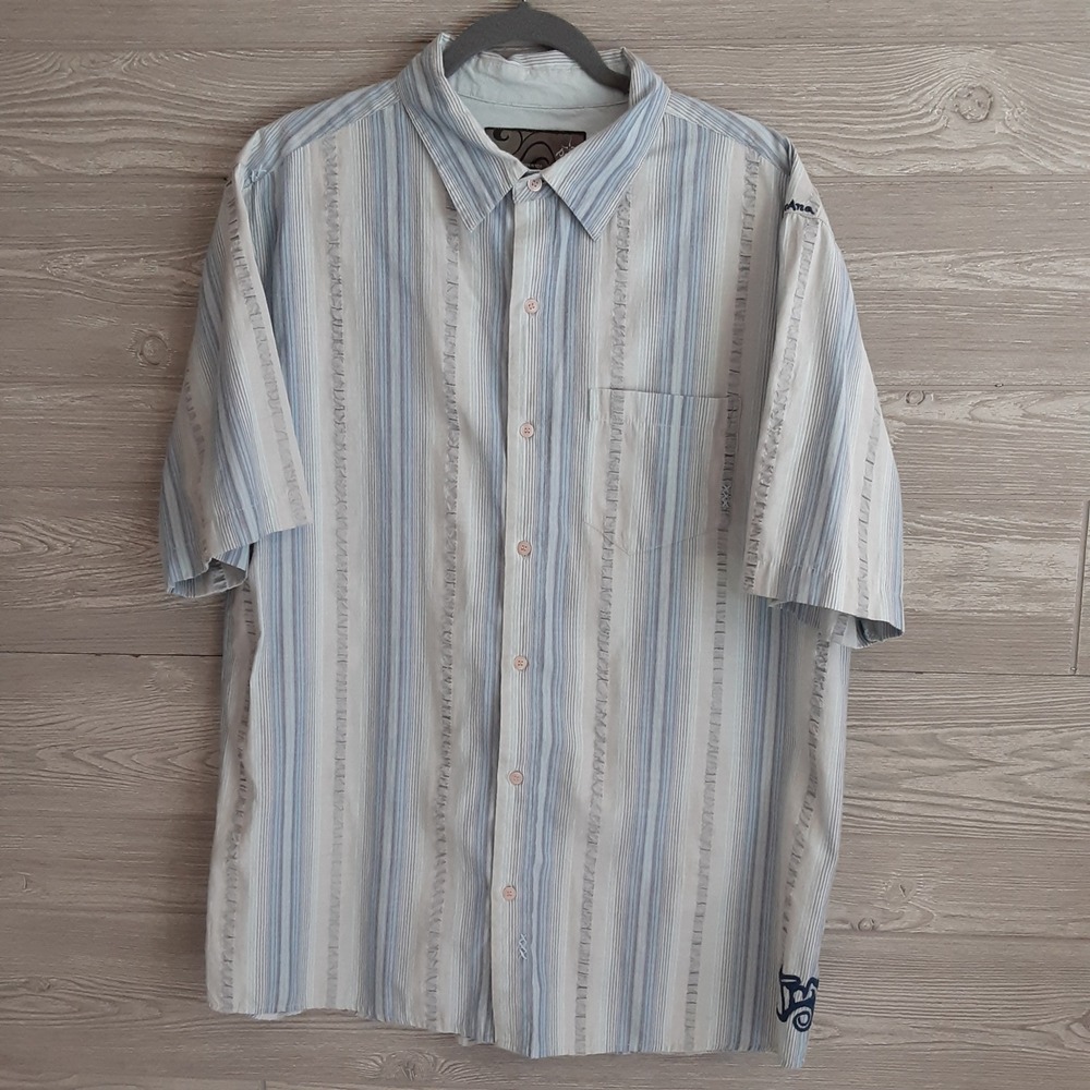 Prana Mens XL Short Sleeve Button Down Shirt Blue Grey Striped Textured Gorpcore